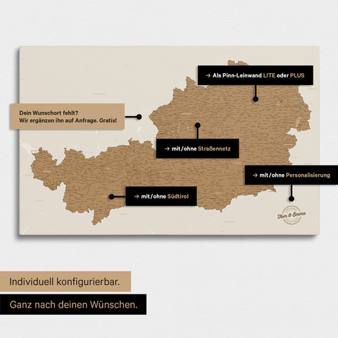 Konfigurationsmöglichkeiten einer Österreich-Landkarte mit Südtirol als Pinn-Leinwand in Bronze 