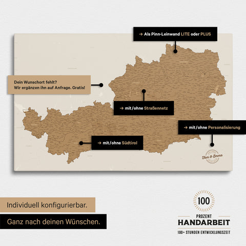 Konfigurationsmöglichkeiten einer Österreich-Landkarte mit Südtirol als Pinn-Leinwand in Bronze