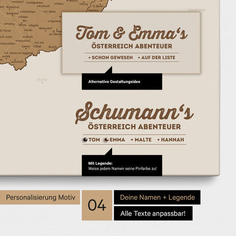 Pinnwand Leinwand einer Österreich-Karte in Bronze mit Personalisierung als Logo mit Familiennamen