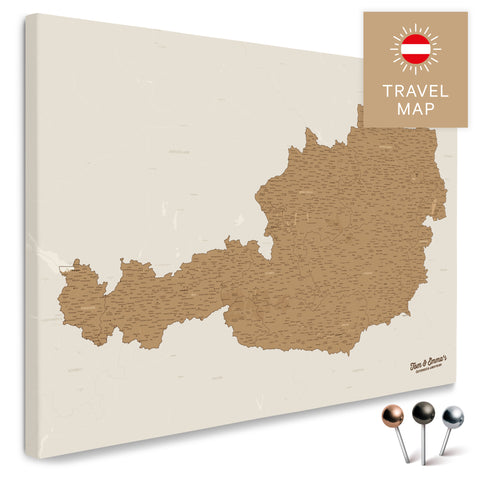 Österreich-Karte in Bronze als Pinnwand Leinwand zum Pinnen und Markieren von Reisezielen kaufen