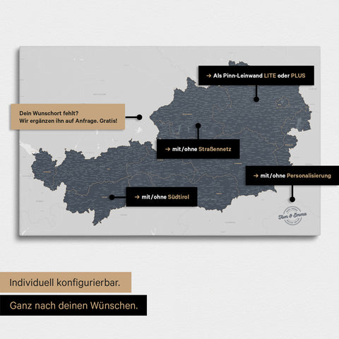 Konfigurationsmöglichkeiten einer Österreich-Landkarte mit Südtirol als Pinn-Leinwand in Denim Blue 