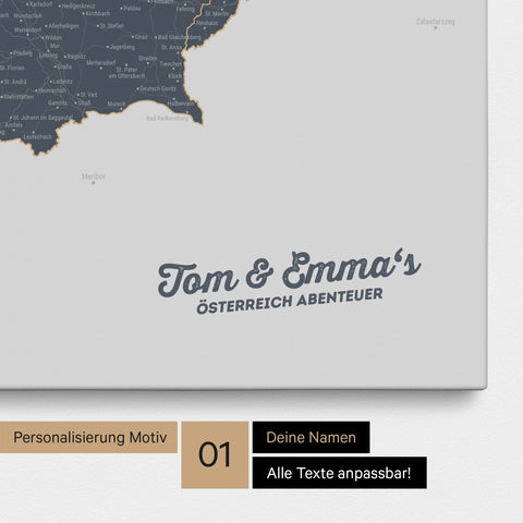 Österreich-Karte als Pinnwand Leinwand in Denim Blue mit Personalisierung und Eindruck mit deinem Namen