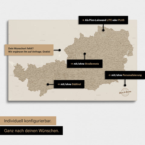 Konfigurationsmöglichkeiten einer Österreich-Landkarte mit Südtirol als Pinn-Leinwand in Desert Sand (Beige) 