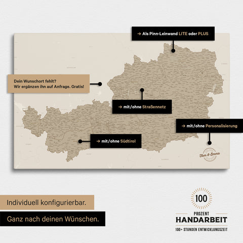 Konfigurationsmöglichkeiten einer Österreich-Landkarte mit Südtirol als Pinn-Leinwand in Desert Sand (Beige)