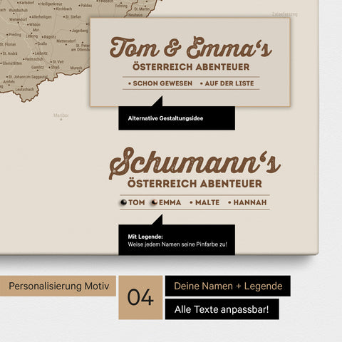 Pinnwand Leinwand einer Österreich-Karte in Desert Sand mit Personalisierung als Logo mit Familiennamen