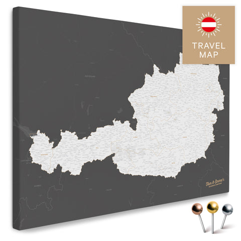 Österreich-Karte in Dunkelgrau als Pinnwand Leinwand zum Pinnen und Markieren von Reisezielen kaufen