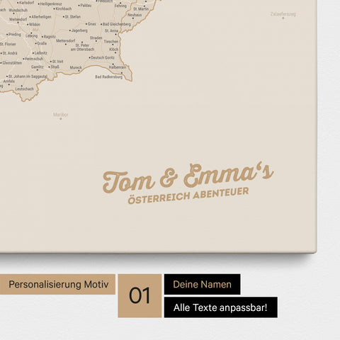 Österreich-Karte als Pinnwand Leinwand in Gold mit Personalisierung und Eindruck mit deinem Namen