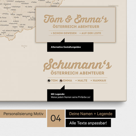 Pinnwand Leinwand einer Österreich-Karte in Gold mit Personalisierung als Logo mit Familiennamen