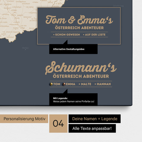 Pinnwand Leinwand einer Österreich-Karte in Hale Navy mit Personalisierung als Logo mit Familiennamen
