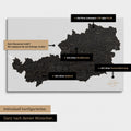Konfigurationsmöglichkeiten einer Österreich-Landkarte mit Südtirol als Pinn-Leinwand in Light Black 