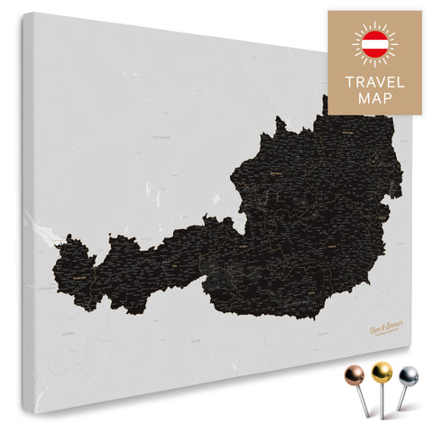 Österreich-Karte in Light Black (Weiß-Schwarz) als Pinnwand Leinwand zum Pinnen und Markieren von Reisezielen kaufen