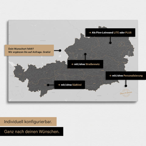 Konfigurationsmöglichkeiten einer Österreich-Landkarte mit Südtirol als Pinn-Leinwand in Light Gray 