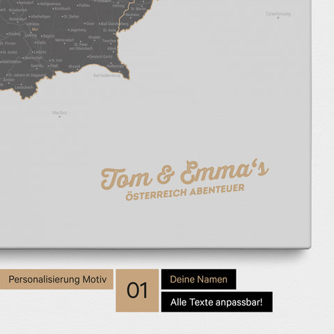 Österreich-Karte als Pinnwand Leinwand in Light Gray mit Personalisierung und Eindruck mit deinem Namen
