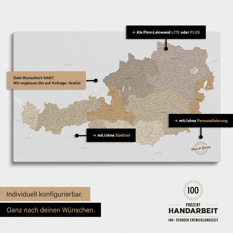Konfigurationsmöglichkeiten einer Österreich-Landkarte mit Südtirol als Pinn-Leinwand in Multicolor Beige