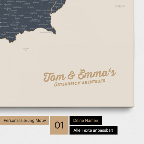 Österreich-Karte als Pinnwand Leinwand in Navy Light mit Personalisierung und Eindruck mit deinem Namen