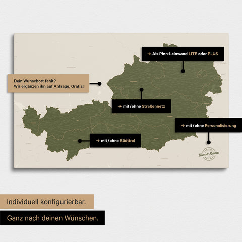 Konfigurationsmöglichkeiten einer Österreich-Landkarte mit Südtirol als Pinn-Leinwand in Olive Green 
