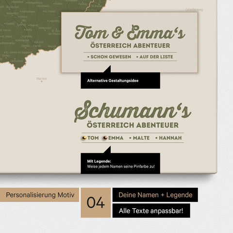 Pinnwand Leinwand einer Österreich-Karte in Olive Green mit Personalisierung als Logo mit Familiennamen