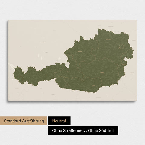 Neutrale und schlichte Standard-Ausführung einer Österreich-Karte als Pinn-Leinwand in Olive Green mit oder ohne Straßennetz