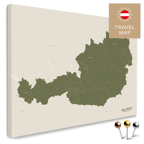 Österreich-Karte in Olive Green als Pinnwand Leinwand zum Pinnen und Markieren von Reisezielen kaufen