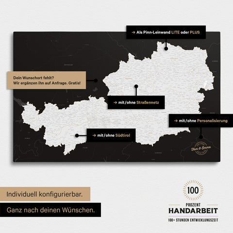 Konfigurationsmöglichkeiten einer Österreich-Landkarte mit Südtirol als Pinn-Leinwand in Schwarz-Weiß