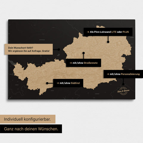 Konfigurationsmöglichkeiten einer Österreich-Landkarte mit Südtirol als Pinn-Leinwand in Sonar Black 