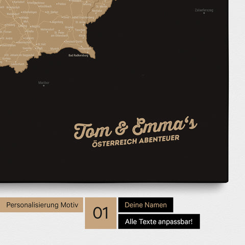 Österreich-Karte als Pinnwand Leinwand in Sonar Black (Schwarz Gold) mit Personalisierung und Eindruck mit deinem Namen