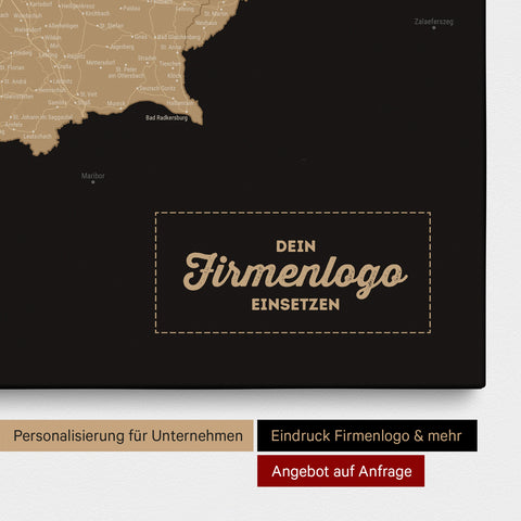Österreich-Karte als Pinn-Leinwand in Sonar Black (Schwarz Gold) mit Eindruck eines Firmenlogos