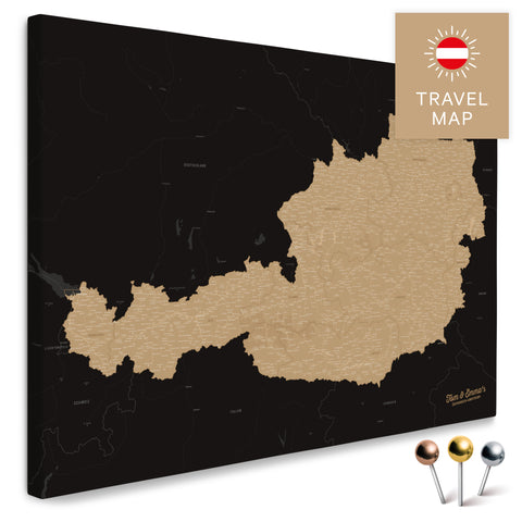 Österreich-Karte in Sonar Black (Schwarz Gold) als Pinnwand Leinwand zum Pinnen und Markieren von Reisezielen kaufen