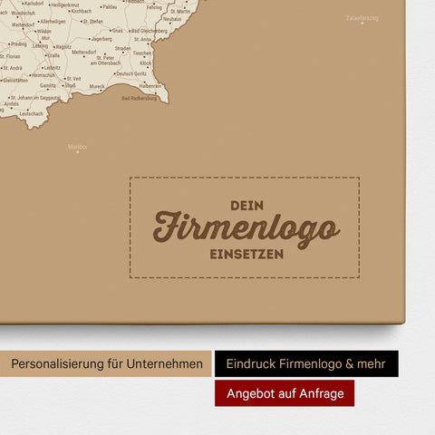 Österreich-Karte als Pinn-Leinwand in Treasure Gold mit Eindruck eines Firmenlogos