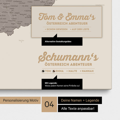 Pinnwand Leinwand einer Österreich-Karte in Warmgray (Braun-Grau) mit Personalisierung als Logo mit Familiennamen