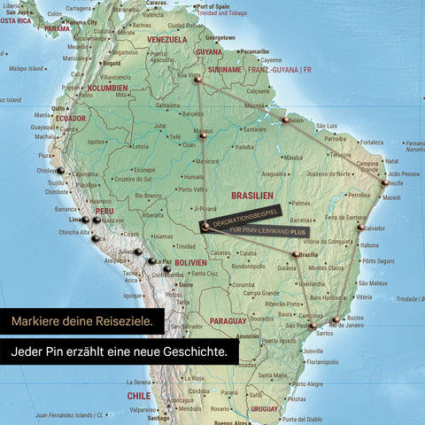 Detail of a physical world map in the Equal Earth projection as a Push Pin Map, showing a marked travel route through South America via Brazil, Peru, and Ecuador