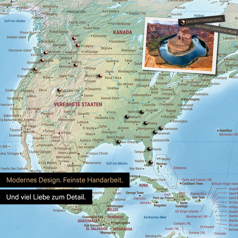 Physical world map in the Equal Earth projection as a Push Pin Map, with travel destinations in the USA and Canada marked with pins