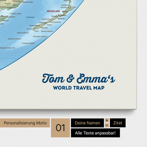 Physical world map in the Equal Earth projection as a Push Pin Map canvas with personalization and an imprint of your names