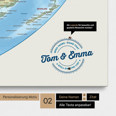 Personalized physical world map in the Equal Earth projection as a Push Pin Map canvas with printed names and a legend for marking places visited