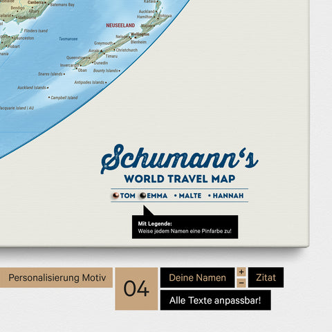 Canvas of a physical world map in the Equal Earth projection, personalized with a family-name logo and legend