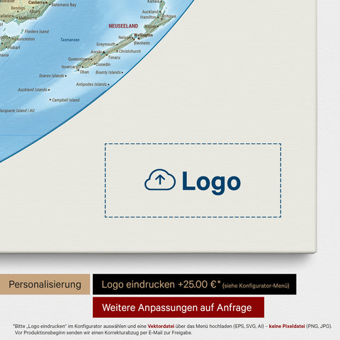 Physical world map in the Equal Earth projection as a Push Pin Map onto which a company logo can be printed