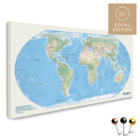 Physische Weltkarte mit Geländestruktur in der Equal-Earth-Projektion und in der Farbe Multicolor Terra als hochwertige Pinn-Leinwand, ideal geeignet zum Markieren von Orten und Planen von Reisen