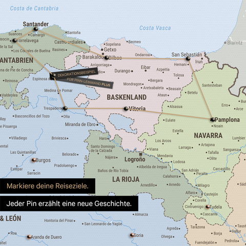 Political Spain & Portugal map as a Push Pin Map shows a section of the Basque Country and Navarre, with already visited travel destinations marked by pins