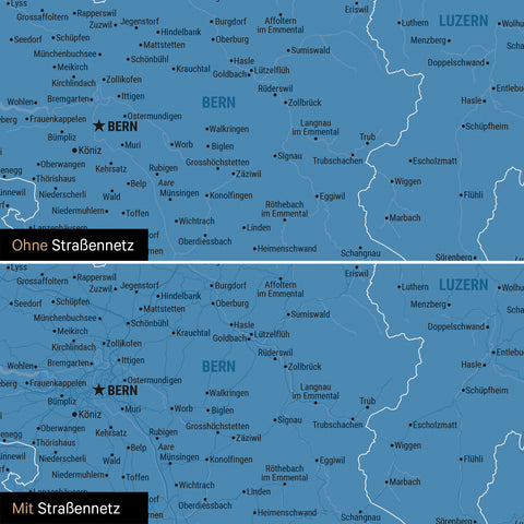 Schweiz-Karte Leinwand in Blau wahlweise mit oder ohne Straßennetz