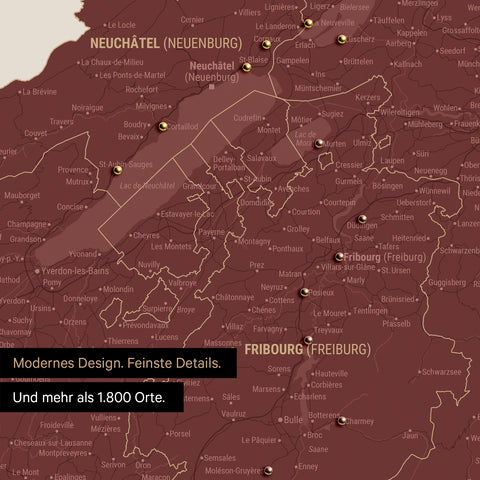 Ausschnitte einer Schweizkarte in der Region Freiburg und Thunersee als Pinn-Leinwand in Bordeaux Rot mit 1.400 Orten