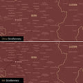 Schweiz-Karte als Pinn-Leinwand in Bordeaux Rot mit Eindruck eines Firmenlogos