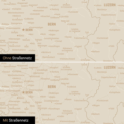 Schweiz-Karte Leinwand in Hale Navy (Dunkelblau-Gold) wahlweise mit oder ohne Straßennetz