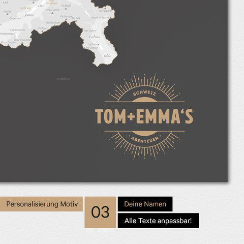 Schweiz-Karte Magnetboard in der Farbe Dunkelgrau mit Personalisierung als Logo im Vintage-Look