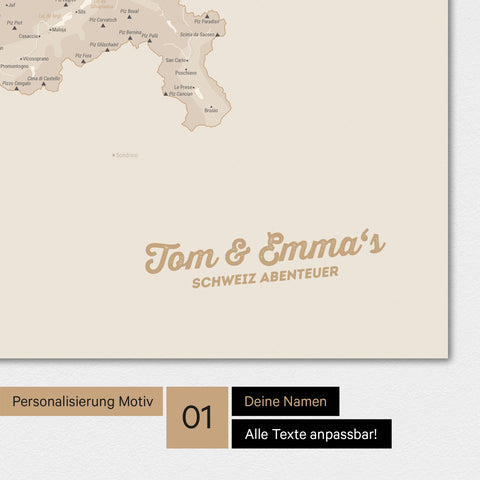 Magnetische Schweiz-Karte als Magnetboard in Gold mit Personalisierung und eigedruckten Namen