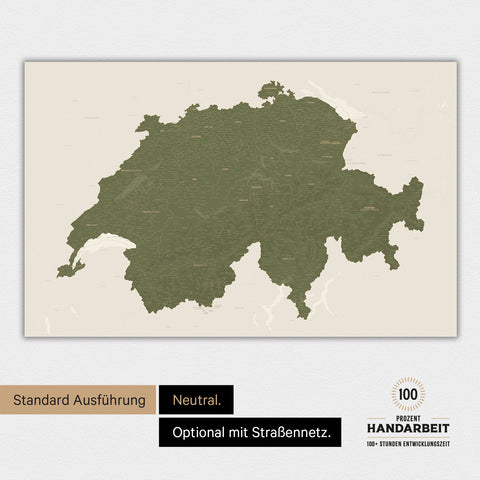 Neutrale und schlichte Ausführung einer magnetischen Schweiz-Karte in Olive Green