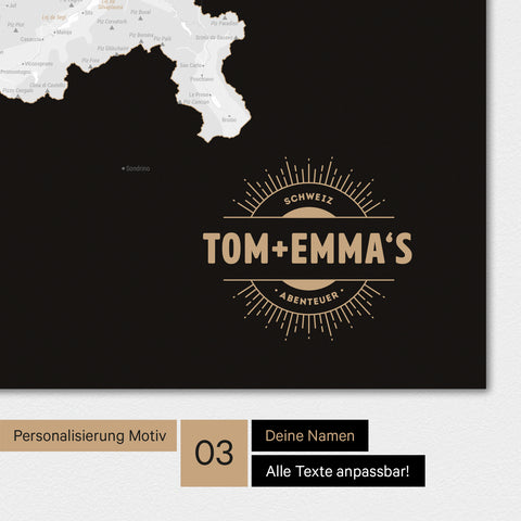 Schweiz-Karte Magnetboard in der Farbe Schwarz-Weiss mit Personalisierung als Logo im Vintage-Look