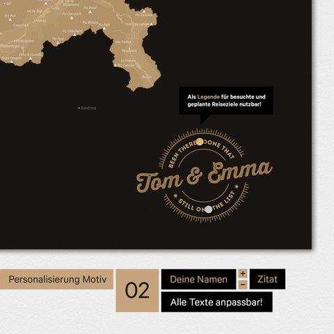 Personalisierte Magnet-Schweiz-Karte in Sonar Black mit eingedruckten Namen und einer Legende zur Markierung von besuchten Orten