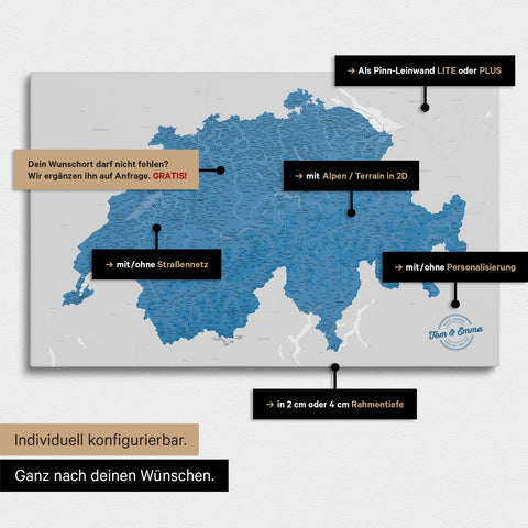 Vielfältige Konfigurationsmöglichkeiten einer Schweiz-Karte in Blau