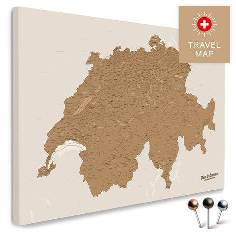 Schweiz-Landkarte in Bronze als Pinnwand Leinwand zum Pinnen und Markieren von Reisezielen kaufen