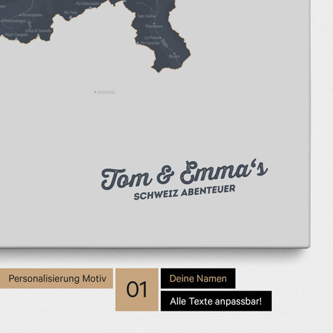 Schweiz-Karte als Pinnwand Leinwand in Denim Blue mit Personalisierung und Eindruck mit deinem Namen